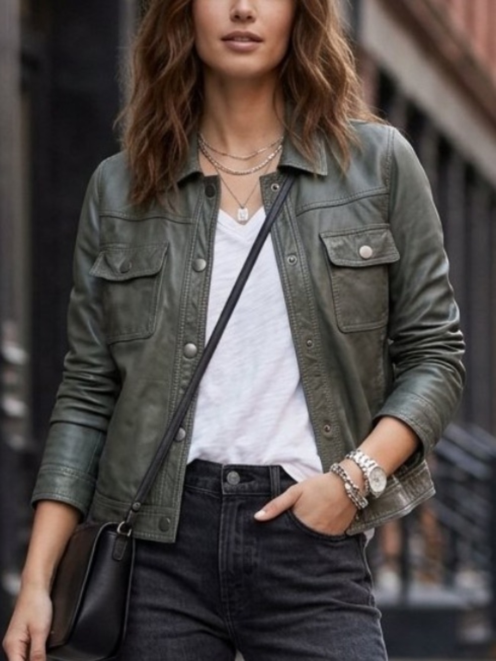 Treasure & Bond Nordstrom Olive Green Soft Leather Trucker Jacket Size Large